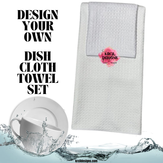 Design Your Own Dish Cloths and Tea Towels with Krcil Designs! | Spice up your kitchen with our waffle weave dish cloth and dish towel sets, perfectly paired with our custom personalized coffee cups and mugs. And for a special touch, add grandma's favorite recipe. Personalize It - add name, monograms. Brand your business with our business logo sets they make great business promotional products. Explore our sets and bundles options for gift ideas. KrcilDesigns.com