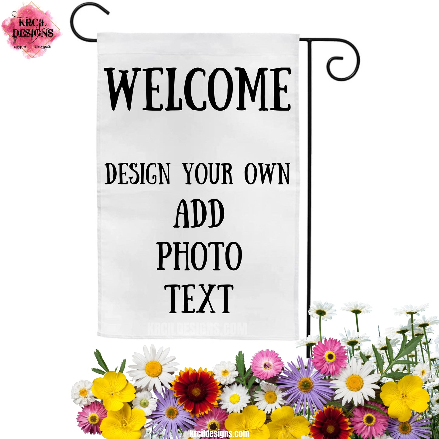 Design Your Own Garden Flag with Krcil Designs! Make your doorstep the talk of the town with our custom garden flag! Add a personal touch, add name, monogram, established date, quote, for a one-of-a-kind personalized garden flag! From a single photo to a photo collage—create a one-of-a-kind photo garden flag! Calling all pet parents! Get your fur friends in on the action! Showcase your pet's pics—turn this garden flag into a one-of-a-kind pet portrait! Shop Garden Flags at KrcilDesigns.com