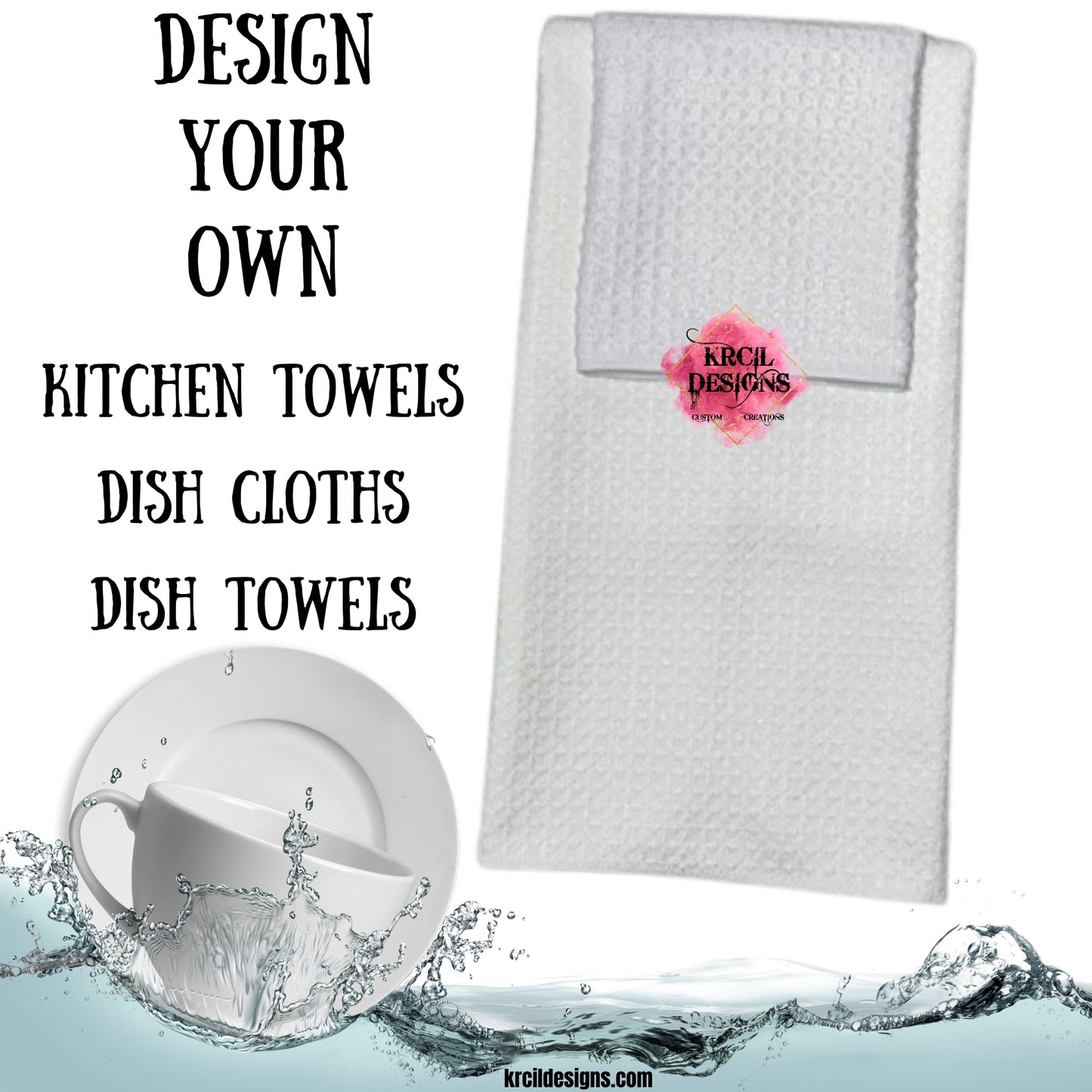 Design Your Own Dish Cloths and Tea Towels with Krcil Designs! | Spice up your kitchen with our waffle weave dish cloth and dish towel sets, perfectly paired with our custom personalized coffee cups and mugs. And for a special touch, add grandma's favorite recipe. Personalize It - add name, monograms. Brand your business with our business logo sets they make great business promotional products. Explore our sets and bundles options for gift ideas. KrcilDesigns.com