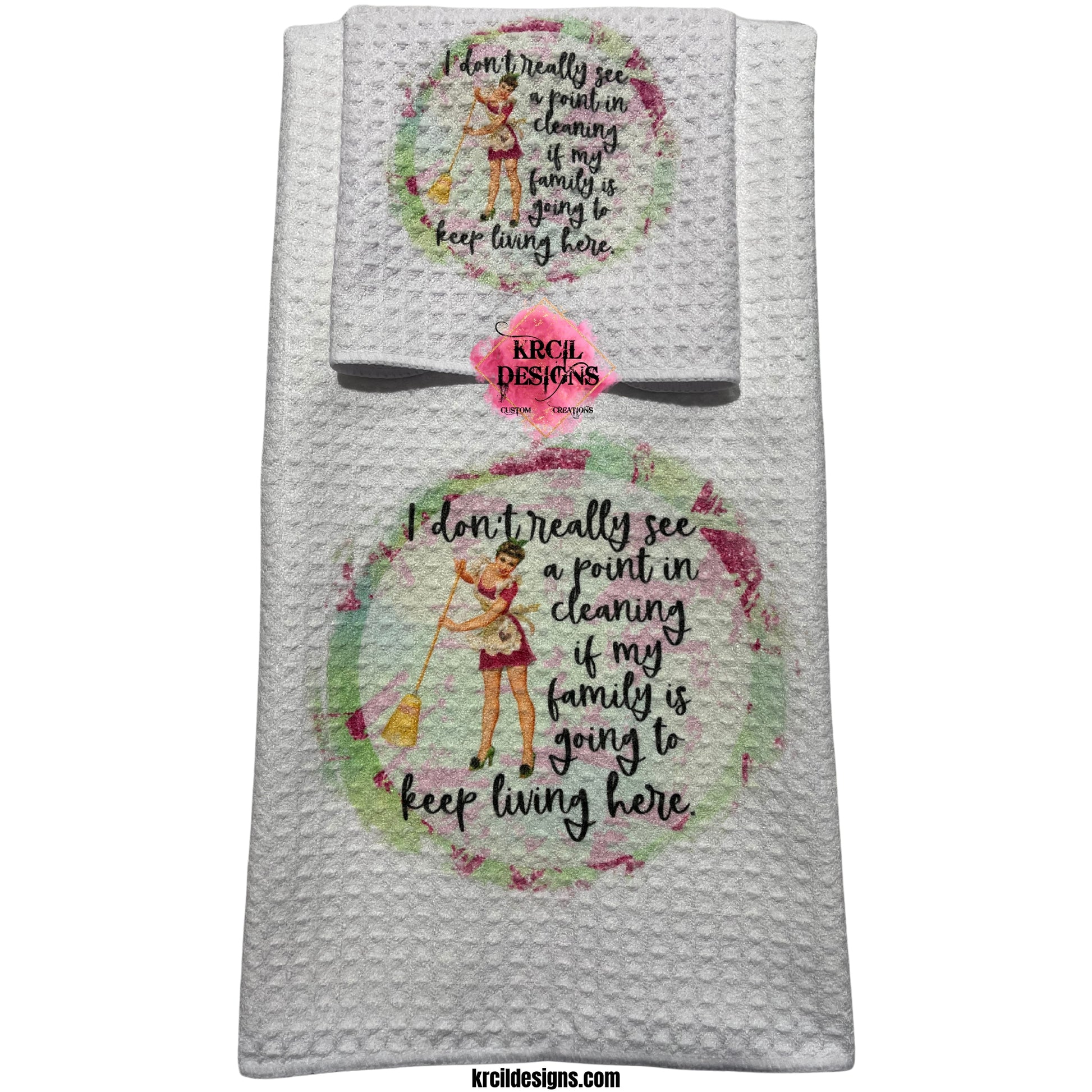 "I don't really see a point in cleaning" Retro Housewives Sets and Bundles by Krcil Designs | Step back in time with our retro housewives collection, complete with a sarcastic twist. You'll be cleaning up in true retro housewife style - with a smile, a laugh, and a whole lotta sass! Spice up your kitchen with our waffle weave dish cloth and dish towel sets, perfectly paired with our custom personalized coffee cups and mugs. Explore our sets and bundles options for gift ideas. KrcilDesigns.com