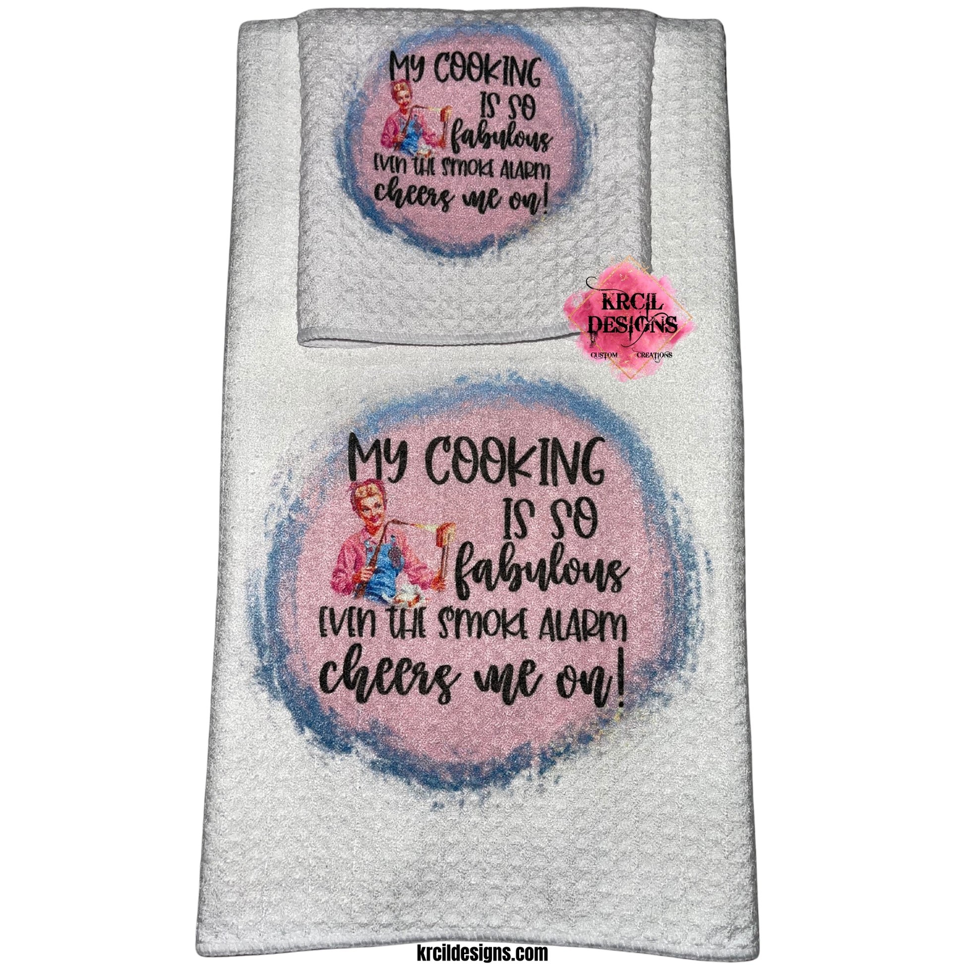 "My COOKING is fabulous EVEN THE SMOKE ALARM cheers on!" Retro Housewives Sets and Bundles by Krcil Designs | Step back in time with our retro housewives collection, complete with a sarcastic twist. You'll be cleaning up in true retro housewife style - with a smile, a laugh, and a whole lotta sass! Spice up your kitchen with our waffle weave dish cloth tea towel sets, perfectly paired with our custom personalized coffee cups and mugs. Explore our sets and bundles options for gift ideas. KrcilDesigns.com