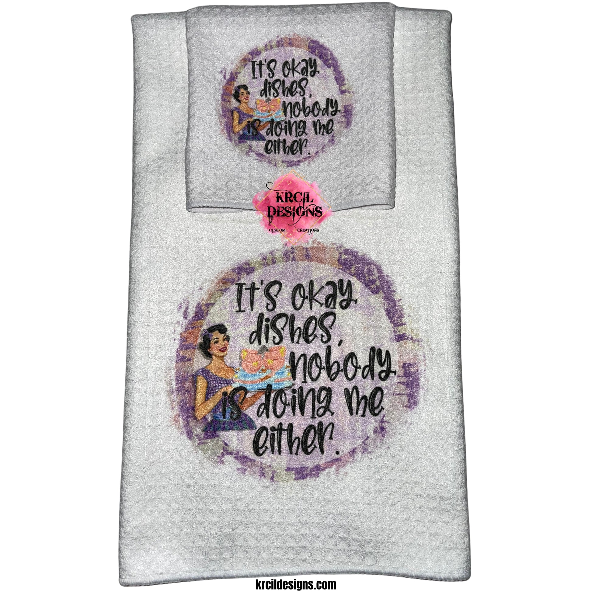 "It's okay dishes, nobody is doing me either." Retro Housewives Sets and Bundles by Krcil Designs | Step back in time with our retro housewives collection, complete with a sarcastic twist. You'll be cleaning up in true retro housewife style - with a smile, a laugh, and a whole lotta sass! Spice up your kitchen with our waffle weave dish cloth and dish towel sets, perfectly paired with our custom personalized coffee cups and mugs. Explore our sets and bundles options for gift ideas. KrcilDesigns.com