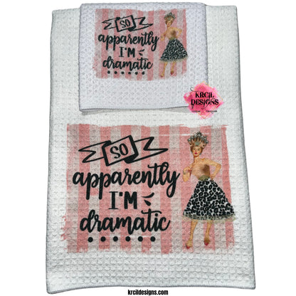 "SO, apparently I'M dramatic" Retro Housewives Sets and Bundles by Krcil Designs | Step back in time with our retro housewives collection, complete with a sarcastic twist. You'll be cleaning up in true retro housewife style - with a smile, a laugh, and a whole lotta sass! Spice up your kitchen with our waffle weave dish cloth tea towel sets, perfectly paired with our custom personalized coffee cups and mugs. Explore our sets and bundles options for gift ideas. KrcilDesigns.com