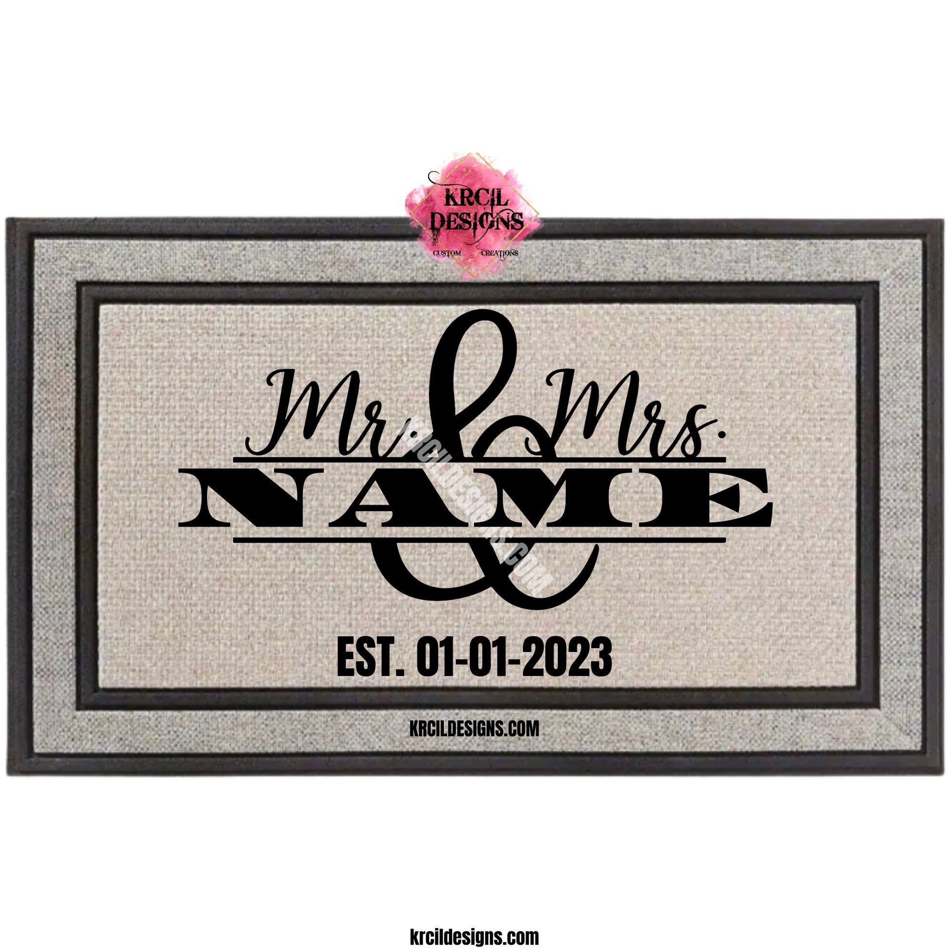 Mr. & Mrs. Established Date Door Mat by Krcil Designs | Design Your Own Door Mats! Make your doorstep the talk of the town with our custom personalized doormats! Add a personal touch, add name, monogram, established date, or photos, for a one-of-a-kind personalized door mat. Calling all pet parents! Get your fur friends in on the action! Showcase your pet's pics — turn this into a pet door mat — and create a one-of-a-kind pet portrait! Add a garden flag! Shop Custom Door Mats at KrcilDesigns.com