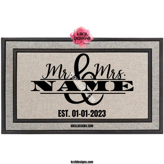 Mr. & Mrs. Established Date Door Mat by Krcil Designs | Design Your Own Door Mats! Make your doorstep the talk of the town with our custom personalized doormats! Add a personal touch, add name, monogram, established date, or photos, for a one-of-a-kind personalized door mat. Calling all pet parents! Get your fur friends in on the action! Showcase your pet's pics — turn this into a pet door mat — and create a one-of-a-kind pet portrait! Add a garden flag! Shop Custom Door Mats at KrcilDesigns.com