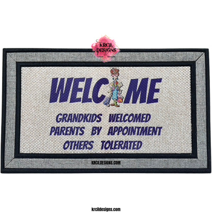 Grandkids Welcomed Parents by Appointment Door Mat by Krcil Designs | Design Your Own Door Mats! Make your doorstep the talk of the town with our custom personalized doormats! Add a personal touch, add name, monogram, established date, or photos, for a one-of-a-kind personalized door mat. Calling pet parents! Get your fur friends in on the action! Showcase your pet's pics — turn this into a pet door mat — and create a one-of-a-kind pet portrait! Add a garden flag! Shop Custom Door Mats at KrcilDesigns.com