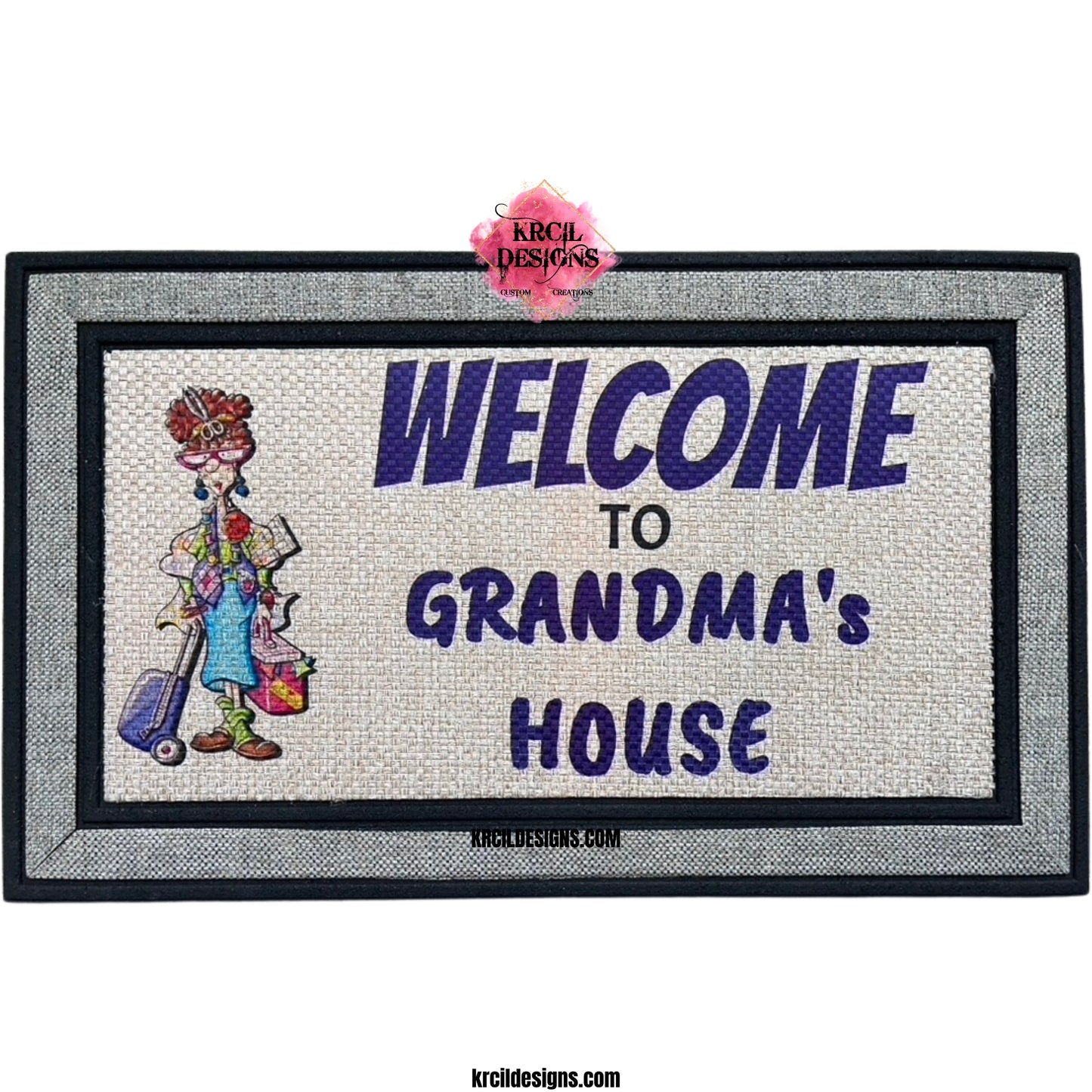 Welcome To Grandma's House Door Mat by Krcil Designs | Design Your Own Door Mats! Make your doorstep the talk of the town with our custom personalized doormats! Add a personal touch, add name, monogram, established date, or photos, for a one-of-a-kind personalized door mat. Calling all pet parents! Get your fur friends in on the action! Showcase your pet's pics — turn this into a pet door mat — and create a one-of-a-kind pet portrait! Add a garden flag! Shop Custom Door Mats at KrcilDesigns.com