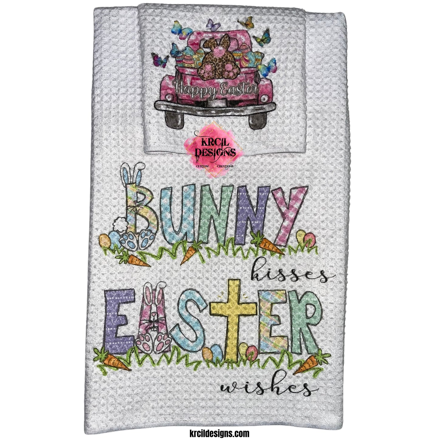 Easter Dish Cloth Towel Set | Design Your Own Dish Cloths and Tea Towels with Krcil Designs! | Spice up your kitchen with our waffle weave dish cloth and dish towel sets, perfectly paired with our custom personalized coffee cups and mugs. And for a special touch, add grandma's favorite recipe. Personalize It - add name, monograms. Brand your business with our business logo sets they make great business promotional products. Explore our sets and bundles options for gift ideas. KrcilDesigns.com