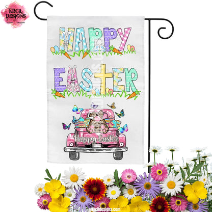 Easter Garden Flag by Krcil Designs | Hop into Easter with our custom garden flag. Happy Easter is transformed into Easter letters—one letter is an Easter bunny, other bunnies hop into other letters, surrounded by Easter eggs, carrots, grass, below is a pink truck, a cheetah print bunny hopping into the bed of easter eggs, surrounded by butterflies, written on tailgate is Happy Easter. Add a personal touch, add name, quote, for a one-of-a-kind personalized garden flag. Shop Easter Gifts at KrcilDesigns.com