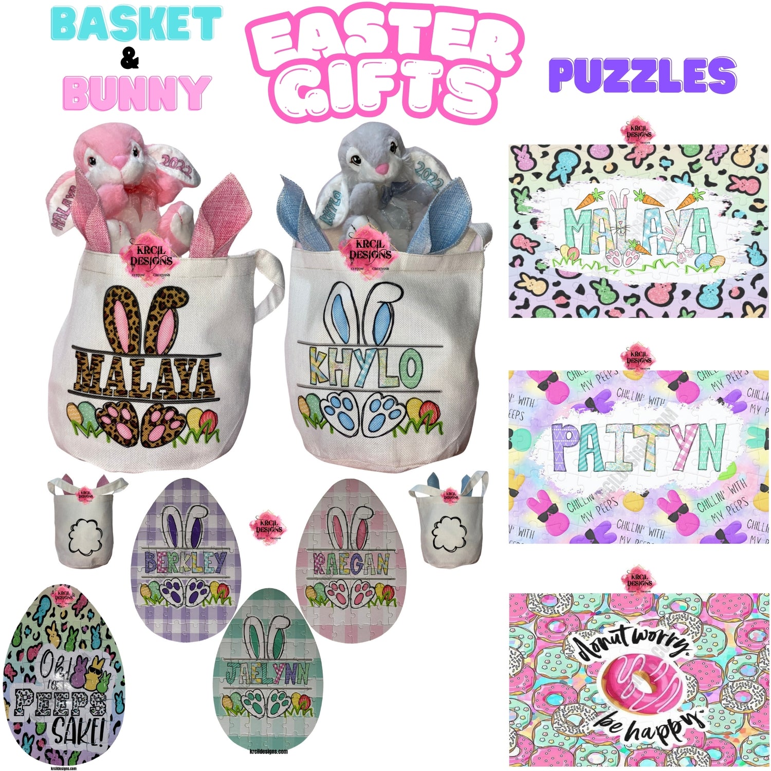 Personalized Easter Gifts by Krcil Designs | Make this Easter egg-stra special with your very own personalized Easter Basket with blue or pink bunny ears. Your name will be transformed into our joyful Easter letters, adorned in an Easter Bunny nameplate, and surrounded by colorful Easter eggs. We have all the goodies to fill your Easter Baskets this year, including personalized Easter Bunny, featuring your name and year on the ears, and a personalized Easter Puzzle. Hop Over to KrcilDesigns.com