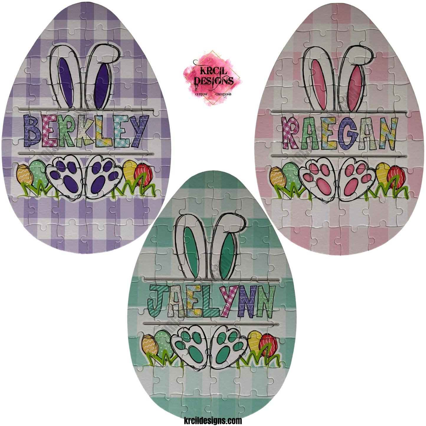 Easter Bunny with Name Personalized Easter Egg Shaped Puzzle ~ Pink, Purple, Green Plaid Background ~ CUSTOMIZE ME ~ YOU PICK ANY DESIGN, IMAGE, OR TEXT & WE MAKE IT! ~ Thank you for stopping by KRCIL DESIGNS! We hope you enjoy your stay! Happy Shopping! ~ KRCIL DESIGNS specializes in customization and personalization of apparel and drinkware items, creating unique one-of-a-kind personalized custom gifts. For your personal custom order visit us at krcildesigns.com