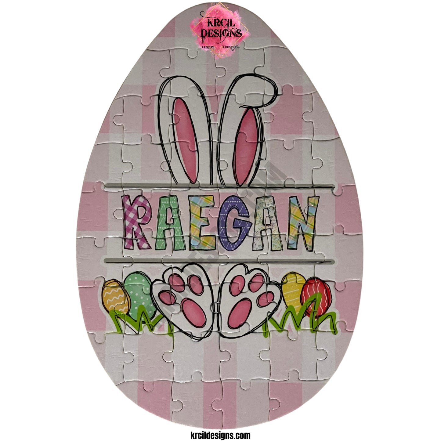 Easter Bunny with Name Personalized Easter Egg Shaped Puzzle ~ Pink, Purple, Green Plaid Background ~ CUSTOMIZE ME ~ YOU PICK ANY DESIGN, IMAGE, OR TEXT & WE MAKE IT! ~ Thank you for stopping by KRCIL DESIGNS! We hope you enjoy your stay! Happy Shopping! ~ KRCIL DESIGNS specializes in customization and personalization of apparel and drinkware items, creating unique one-of-a-kind personalized custom gifts. For your personal custom order visit us at krcildesigns.com