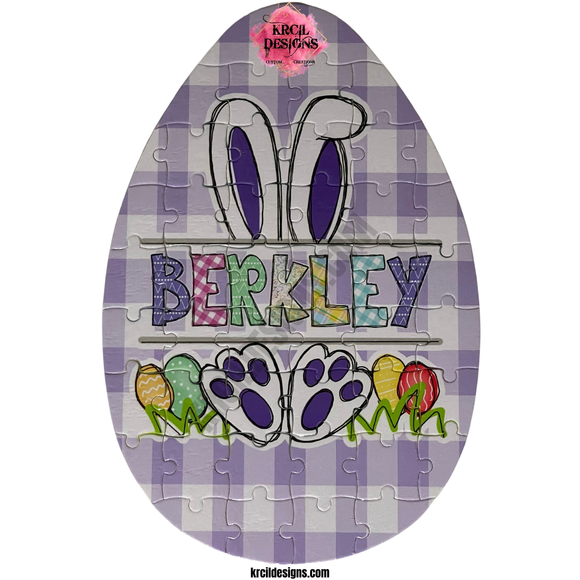 Easter Bunny with Name Personalized Easter Egg Shaped Puzzle ~ Pink, Purple, Green Plaid Background ~ CUSTOMIZE ME ~ YOU PICK ANY DESIGN, IMAGE, OR TEXT & WE MAKE IT! ~ Thank you for stopping by KRCIL DESIGNS! We hope you enjoy your stay! Happy Shopping! ~ KRCIL DESIGNS specializes in customization and personalization of apparel and drinkware items, creating unique one-of-a-kind personalized custom gifts. For your personal custom order visit us at krcildesigns.com