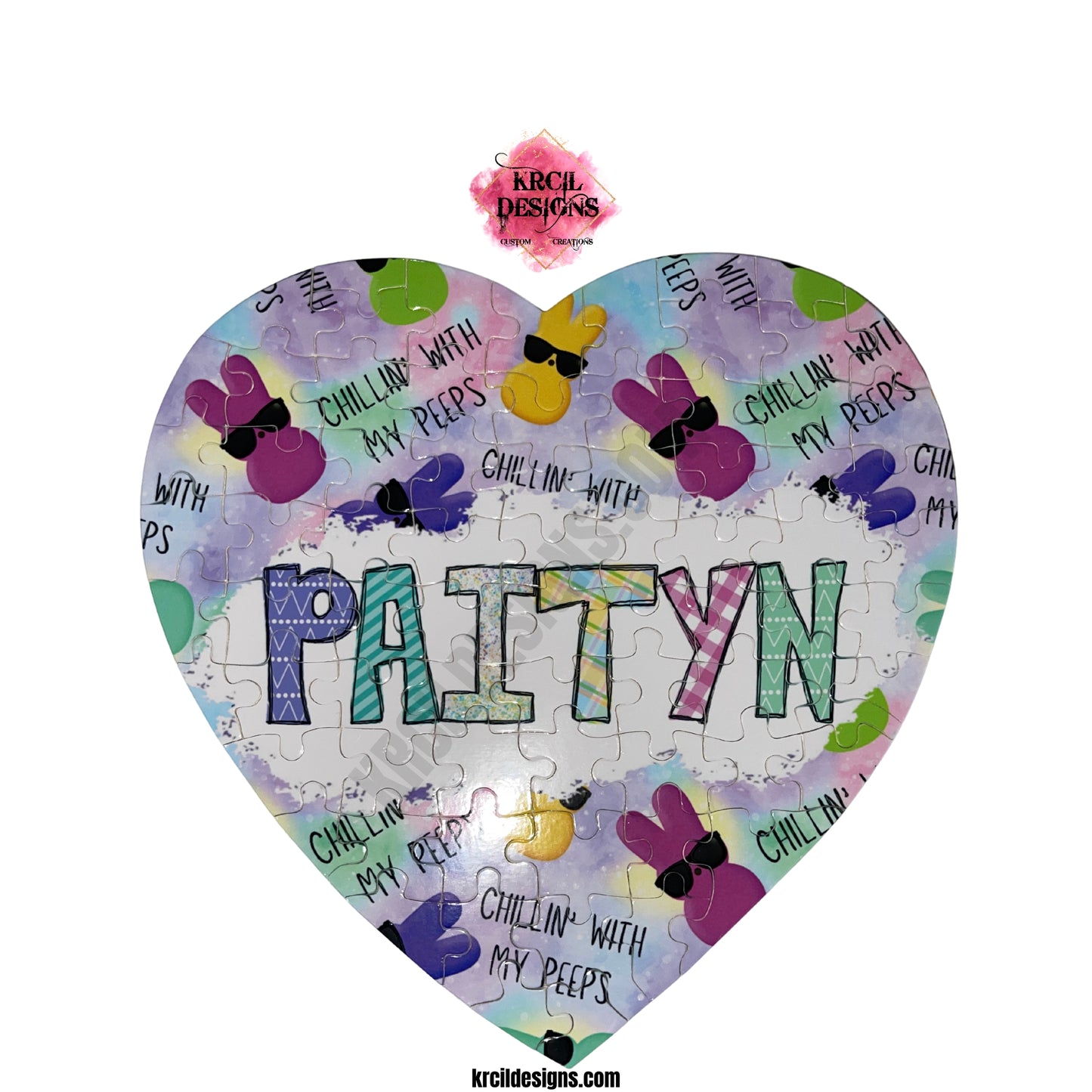 "Chillin' With My PEEPs" Your Name Easter Personalized Puzzle ~ Heart Shaped Puzzle ~ Choose from a Variety of Shapes and Sizes ~ CUSTOMIZE ME ~ YOU PICK ANY DESIGN, IMAGE, OR TEXT & WE MAKE IT! ~ Thank you for stopping by KRCIL DESIGNS! We hope you enjoy your stay! Happy Shopping! ~ KRCIL DESIGNS specializes in customization and personalization of apparel and drinkware items, creating unique one-of-a-kind personalized custom gifts. For your personal custom order visit us at krcildesigns.com