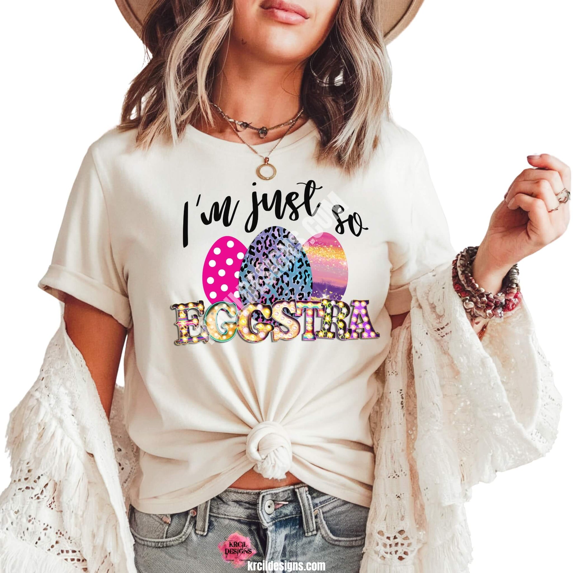 I'm just so EGGSTRA Easter T-Shirt by Krcil Designs | Make a fashion statement with our graphic tees t-shirts! Our buttery soft cozy tees will become your new weekend bestie! Get ready to hop into fun and show off your vibrant personality with our "I'm just so EGGSTRA" Easter shirt! Our graphic design, showcasing vibrant, bright, colorful Easter eggs and a fun, playful message. This Easter, celebrate in style with matching family shirts—perfect for family photos! Shop Easter Shirts at KrcilDesigns.com