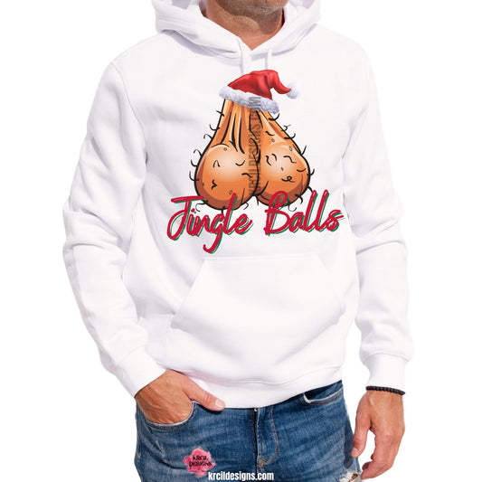 Ball Sack Jingle Balls Funny Christmas Sweaters by KrcilDesigns.com | Graphic design on a white hoodie, featuring a hairy ball sack wearing a Santa hat, and in red and green handwriting text that reads: "Jingle Balls"