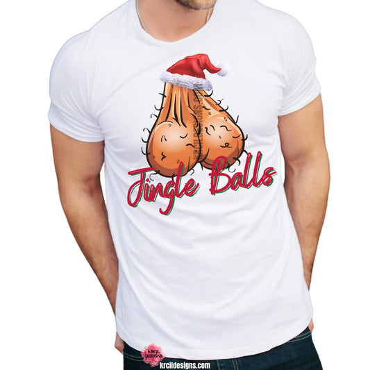 Ball Sack Jingle Balls Funny Christmas Tees by KrcilDesigns.com | Graphic design on a white t-shirt, featuring a hairy ball sack wearing a Santa hat, and in red and green handwriting text that reads: "Jingle Balls"