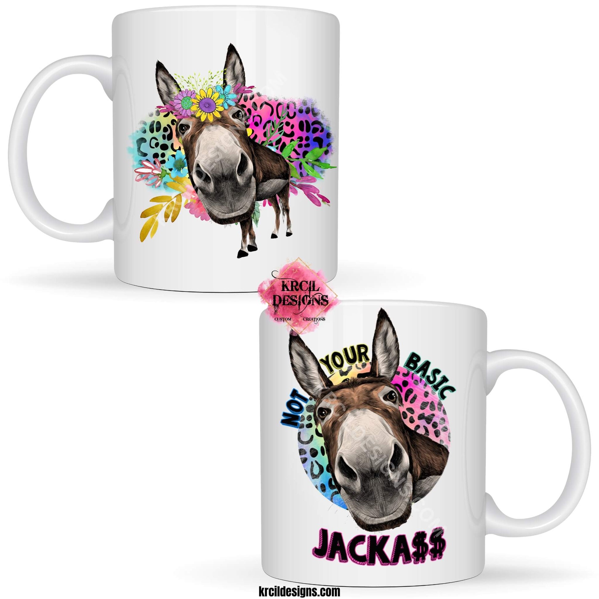 Funny Coffee Mugs by Krcil Designs Donkey Mugs "Not Your Basic JACKA$$" Featuring a charming donkey and a hint of cheetah print! | Let our custom coffee cups do the talking with our collection of personalized mugs. Personalize It - add name, monogram. For the ultimate coffee lovers gift, add our dish cloths and dish towels sets, they pair perfect with our coffee mugs. Shop Coffee Mugs at KrcilDesigns.com