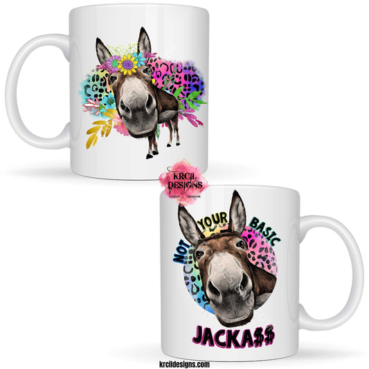 Funny Coffee Mugs by Krcil Designs Donkey Mugs "Not Your Basic JACKA$$" Featuring a charming donkey and a hint of cheetah print! | Let our custom coffee cups do the talking with our collection of personalized mugs. Personalize It - add name, monogram. For the ultimate coffee lovers gift, add our dish cloths and dish towels sets, they pair perfect with our coffee mugs. Shop Coffee Mugs at KrcilDesigns.com