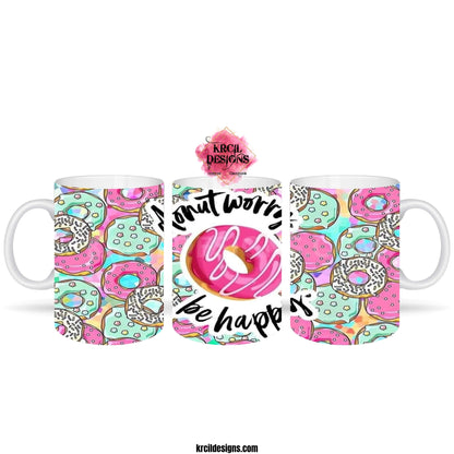 Funny Coffee Mugs by Krcil Designs "Donut Worry Be Happy" This mug will make your  tastebuds skip a beat! It's a playful donut mug and its sweeter than a dozen donuts! So go ahead and sprinkle some love into your donut mug, because every sip will be a little slice of heaven! Shop Coffee Mugs at KrcilDesigns.com