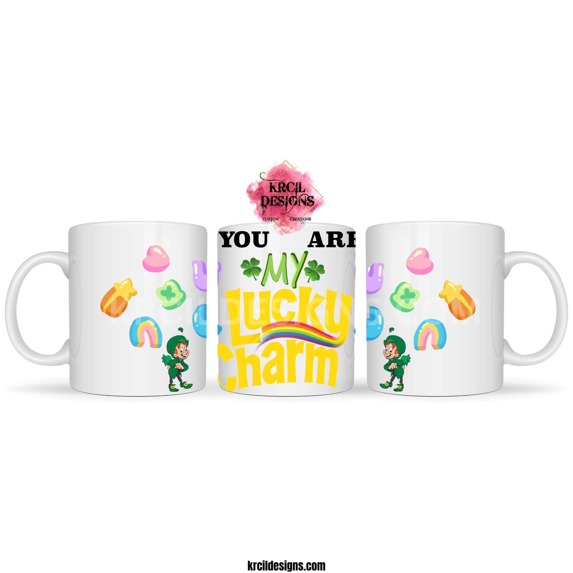 Funny Coffee Mugs by Krcil Designs Start your day off on a magically delicious note with our "You Are My Lucky Charm" Mugs! Showcasing the iconic marshmallows, leprechauns, and the Lucky Charm rainbow! Let our custom coffee cups do the talking with our collection of personalized mugs. Personalize It - add name, monogram. Add our dish cloth and dish towel set, perfectly paired with our coffee mugs. For the ultimate coffee lovers gift, explore our sets and bundles. Shop Coffee Mugs at KrcilDesigns.com