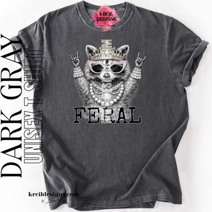 Funny Raccoon Graphic Tee in Dark Gray with Funny Quote "FERAL" – Krcil Designs Boutique Apparel, Gillette, WY