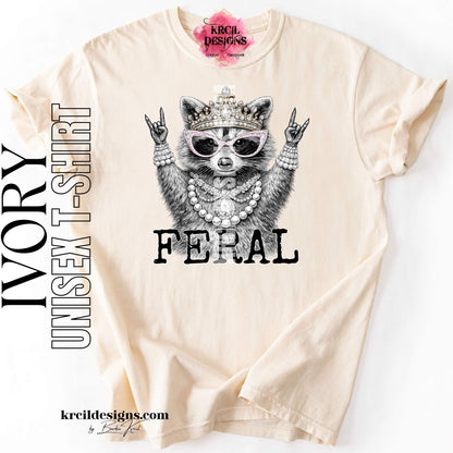 Funny Raccoon Graphic Tee in Ivory with Funny Quote "FERAL" – Krcil Designs Boutique Apparel, Gillette, WY