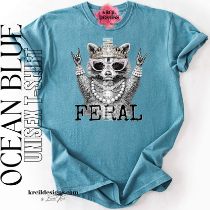 Funny Raccoon Graphic Tee in Ocean Blue with Funny Quote "FERAL" – Krcil Designs Boutique Apparel, Gillette, WY
