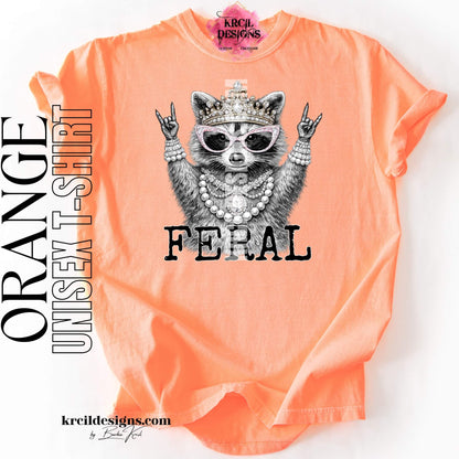 Funny Raccoon Graphic Tee in Orange with Funny Quote "FERAL" – Krcil Designs Boutique Apparel, Gillette, WY