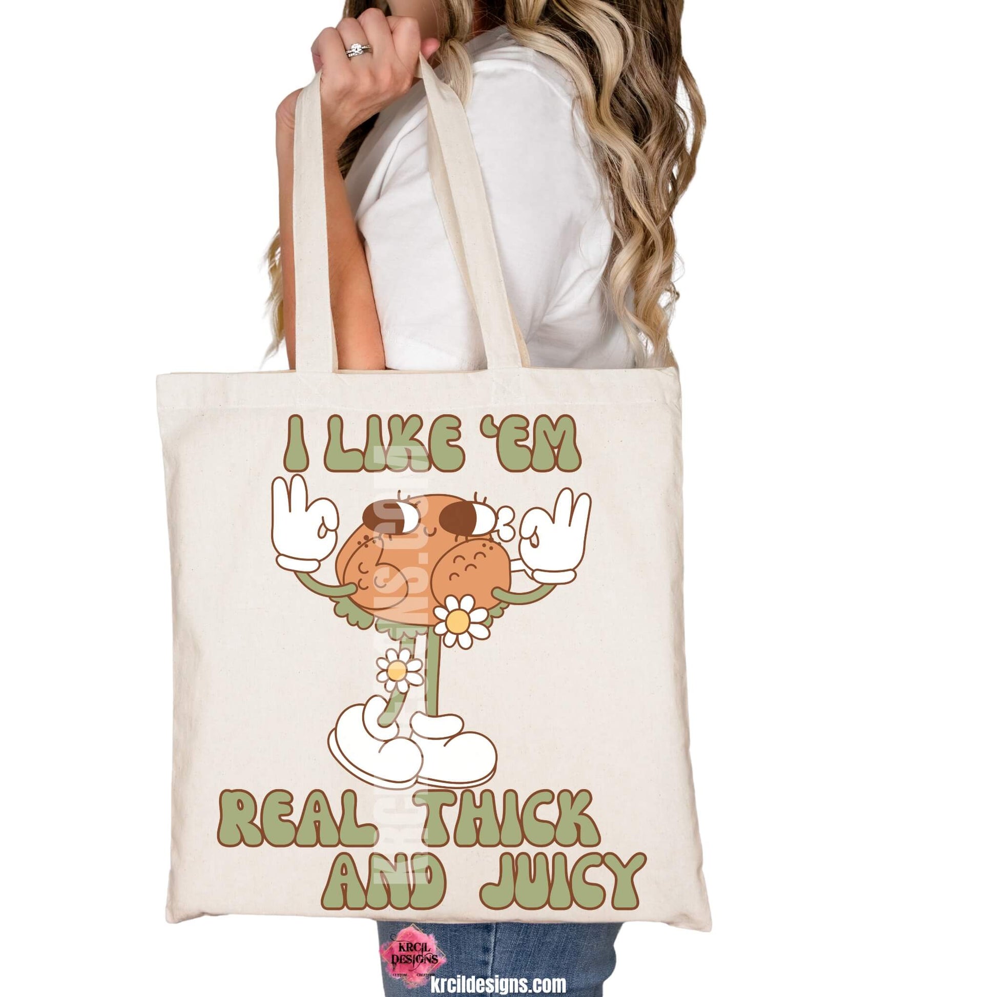 Thanksgiving Funny Tote Bags by KrcilDesigns.com | Graphic design on a canvas tote bag, featuring a playful cartoon turkey leg retro character with arms, legs, sunglasses, and daisy flowers, striking a sassy pose with both hands making the 'okay' sign. Surrounded by retro-style sage green text in all caps that reads: "I LIKE ‘EM REAL THICK AND JUICY"