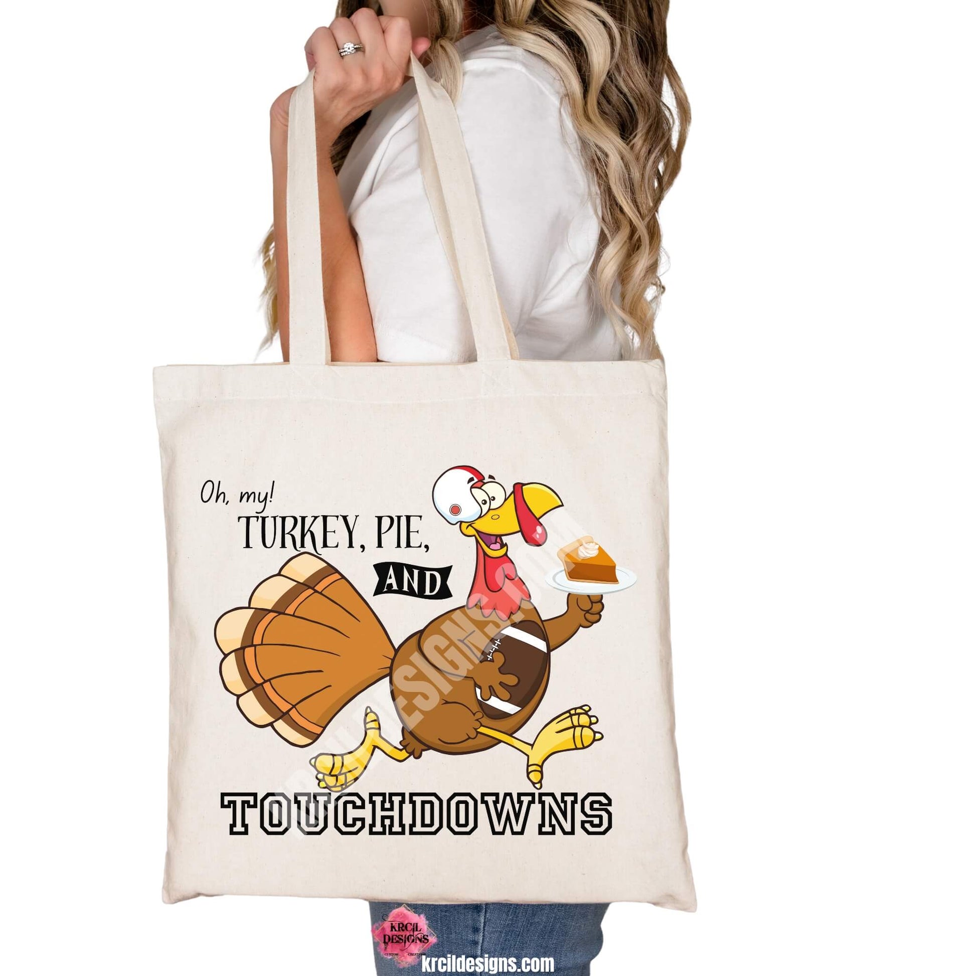 Thanksgiving Funny Tote Bags by KrcilDesigns.com | Graphic design on a canvas tote bag, featuring a cartoon turkey wearing a football helmet, holding a slice of pie topped with a dollop of whip cream on a white dinner plate, holding a football tucked under arm, and text that reads: "Oh, my! Turkey, Pie, and Touchdowns" in playful different fonts.