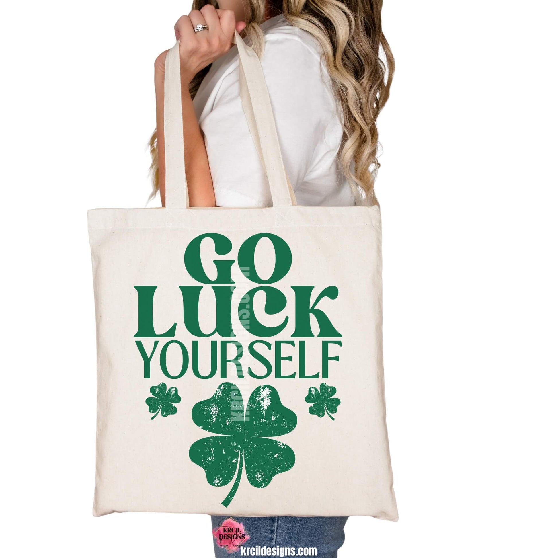 Go Luck Yourself! Shamrock St. Patrick's Day Funny Tote Bags by Krcil Designs | Make a fashion statement with our tote bags! Meet our shopper bags—your new sidekick! You know, the ones that always tag along and never lets you down—it's about to become your favorite fashion accessory! Perfect for grocery shopping or errands. Introducing our sassy tote bag made just for St. Patty's Day! Our graphics showcases the words "GO LUCK YOURSELF" in bold green letters, accented with shamrocks.