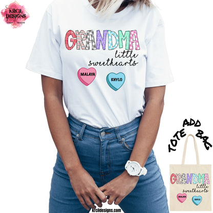 Grandma's Little Sweethearts Candy Hearts T-Shirt | Personalized Valentine's T-Shirt | Custom T-Shirt by Krcil Designs | Bring a touch of sweetness to the whole family this Valentine's Day with our whimsical Valentines T-Shirts, featuring grandkids names! Perfect for Dad, Mom, Grandpa, Grandma, MiMi, Nana, Papa! Great family gift idea for Valentine's Day! Design Your Own at KrcilDesigns.com