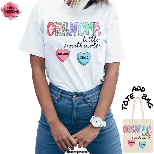 Grandma's Little Sweethearts Candy Hearts T-Shirt | Personalized Valentine's T-Shirt | Custom T-Shirt by Krcil Designs | Bring a touch of sweetness to the whole family this Valentine's Day with our whimsical Valentines T-Shirts, featuring grandkids names! Perfect for Dad, Mom, Grandpa, Grandma, MiMi, Nana, Papa! Great family gift idea for Valentine's Day! Design Your Own at KrcilDesigns.com