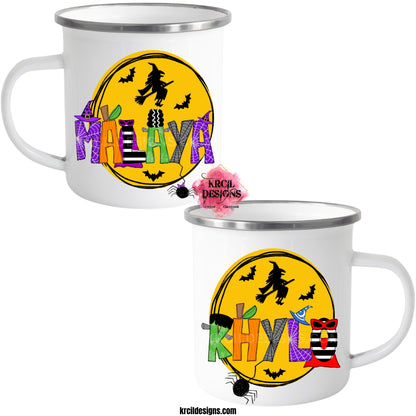 Your Name Halloween Mug | Personalized Mug by Krcil Designs | Your Name in our Spook-Tacular Halloween-themed letters featuring Frankenstein, the Bride of Frankenstein, pumpkin letters, witch and wizard hats, eerie spiders, and bewitching capes—all set against a backdrop of a mystical moon, flying witch, and bats. Bring a touch of sweetness to the whole family this Halloween with our cute Halloween Mugs! Stuff them full of candy for a sweet treat! KrcilDesigns.com