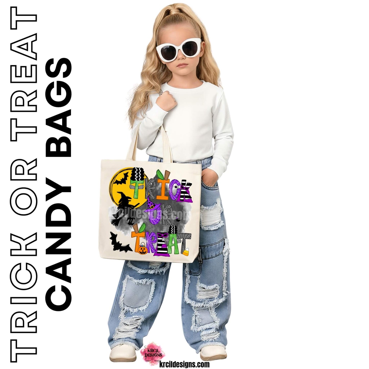 Trick or Treat Candy Bags Halloween Tote Bags by Krcil Designs | Make a fashion statement with our custom tote bags. Featuring Halloween letters of Frankenstein, the Bride of Frankenstein, pumpkins, witch and wizard hats, eerie spiders, and bewitching capes—all set against a backdrop of a mystical moon, flying witch, and bats. Our Halloween treat bags are the perfect Halloween candy bags for trick-or-treat year after year! Grab matching candy bags for the whole family! Shop Candy Bags at KrcilDesigns.com