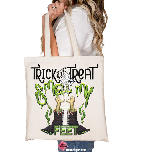 Monster Feet "Trick-or-Treat, Smell My Feet" Candy Bags Halloween Tote Bags by Krcil Designs | Unveiling our Monstrously Marvelous Monster, starring our quirky, hairy black monster feet boasting vibrant green toe nails and bones sticking out – because even monsters need some bone-chilling style while they hunt for candy! Personalize It - add name, initials, monogram, or special message. Durable, Reusable, Washable. Give the ultimate gift, add a cup, or t-shirt! Shop Candy Bags at KrcilDesigns.com