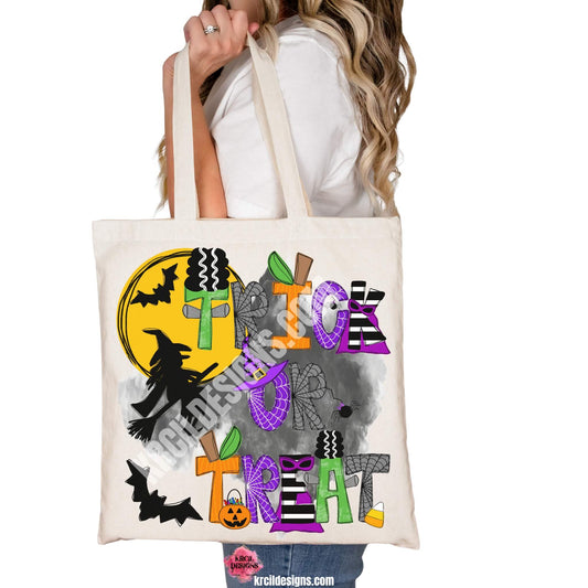 Trick or Treat Candy Bags Halloween Tote Bags by Krcil Designs | Make a fashion statement with our custom tote bags. Featuring Halloween letters of Frankenstein, the Bride of Frankenstein, pumpkins, witch and wizard hats, eerie spiders, and bewitching capes—all set against a backdrop of a mystical moon, flying witch, and bats. Our Halloween treat bags are the perfect Halloween candy bags for trick-or-treat year after year! Grab matching candy bags for the whole family! Shop Candy Bags at KrcilDesigns.com