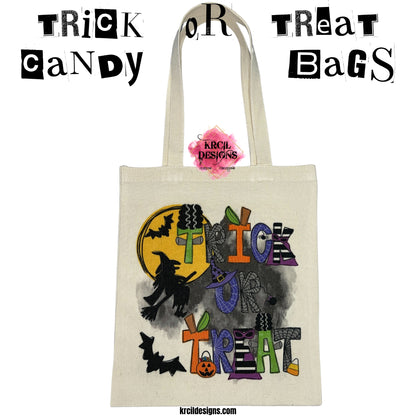 Trick or Treat Candy Bag Halloween Tote Bag by Krcil Designs | Make a fashion statement with our custom tote bags. Featuring Halloween letters of Frankenstein, the Bride of Frankenstein, pumpkins, witch and wizard hats, eerie spiders, and bewitching capes—all set against a backdrop of a mystical moon, flying witch, and bats. Our Halloween treat bags are the perfect Halloween candy bags for trick-or-treat year after year! Grab matching candy bags for the whole family! Shop Tote Bags at KrcilDesigns.com