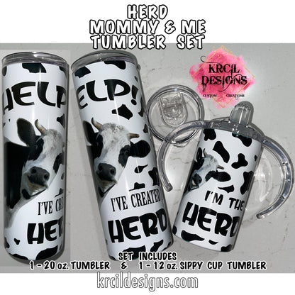 Udderly Adorable Silly Cow and Cow Print "HERD" Mommy and Me Personalized Tumbler Set by Krcil Designs | Personalize It - add names, Mommy and Mini, Daddy and Mini | Not just for MOM get one for DAD | ADD 12oz.Tumblers perfect for the older kids | Additional Sippy Cups Available | Set includes 1-20oz./30oz. and 1-12oz. Sippy Cup | Insulated stainless steel tumblers include a plastic slide top lid and metal or plastic straw. SIPPY Cup Tumblers include 2 Lids-SIPPY Handle/Screw On. KrcilDesigns.com