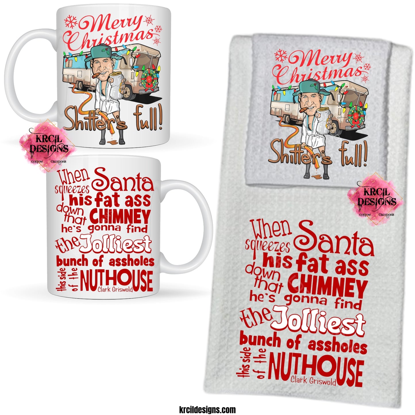 Christmas Vacation Sets and Bundles by Krcil Designs | Unwrap the gift of laughter with the unforgettable Cousin Eddie, in his signature white bathrobe and trooper hat, cigar in hand, holding his beer, featuring his iconic unforgettable "RV from Hell" dumping the sewage waste, "Merry Christmas, Shitter's Full!" Our waffle weave dish cloth tea towel sets, pair perfectly with our custom personalized coffee cups and mugs. Explore our sets and bundles options for gift ideas. KrcilDesigns.com