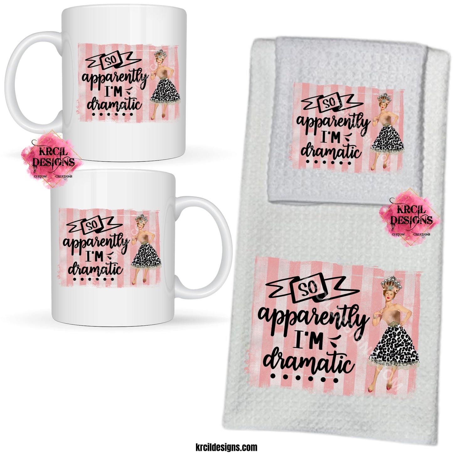 "SO, apparently I'M dramatic" Retro Housewives Sets and Bundles by Krcil Designs | Step back in time with our retro housewives collection, complete with a sarcastic twist. You'll be cleaning up in true retro housewife style - with a smile, a laugh, and a whole lotta sass! Spice up your kitchen with our waffle weave dish cloth tea towel sets, perfectly paired with our custom personalized coffee cups and mugs. Explore our sets and bundles options for gift ideas. KrcilDesigns.com