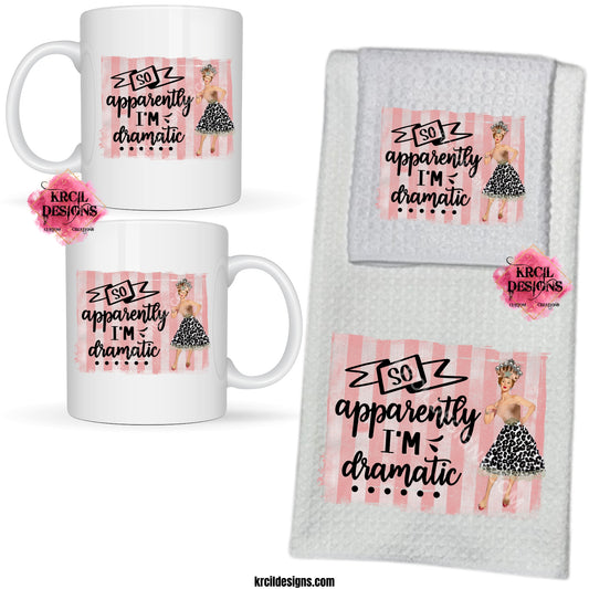 "SO, apparently I'M dramatic" Retro Housewives Sets and Bundles by Krcil Designs | Step back in time with our retro housewives collection, complete with a sarcastic twist. You'll be cleaning up in true retro housewife style - with a smile, a laugh, and a whole lotta sass! Spice up your kitchen with our waffle weave dish cloth tea towel sets, perfectly paired with our custom personalized coffee cups and mugs. Explore our sets and bundles options for gift ideas. KrcilDesigns.com