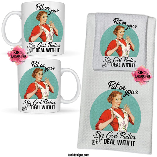 "Put on your Big Girl Panties and DEAL WITH IT" Retro Housewives Sets and Bundles by Krcil Designs | Step back in time with our retro housewives collection, complete with a sarcastic twist. You'll be cleaning up in true retro housewife style-with a smile, a laugh, and a whole lotta sass! Spice up your kitchen with our waffle weave dish cloth tea towel set, perfectly paired with our custom personalized coffee cups and mugs. For the ultimate coffee lovers gift, explore our sets and bundles. KrcilDesigns.com