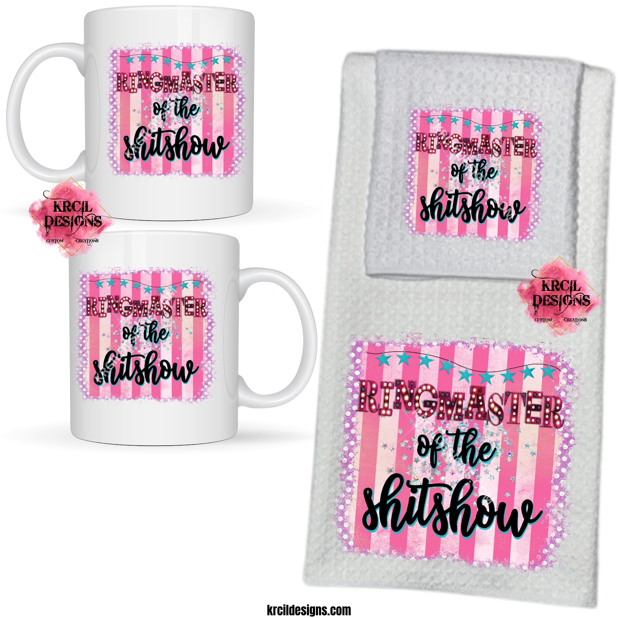 "RINGMASTER of the SHITSHOW" Dish Cloth & Towel Set | Spice up your kitchen with our waffle weave dish cloth and dish towel sets, perfectly paired with our custom personalized coffee cups and mugs. And for a special touch, add grandma's favorite recipe. Personalize It - add name, monograms. Brand your business with our business logo sets they make great business promotional products. Explore our sets and bundles options for gift ideas. KrcilDesigns.com