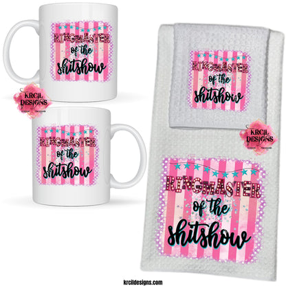 "RINGMASTER of the SHITSHOW" Dish Cloth & Towel Set | Spice up your kitchen with our waffle weave dish cloth and dish towel sets, perfectly paired with our custom personalized coffee cups and mugs. And for a special touch, add grandma's favorite recipe. Personalize It - add name, monograms. Brand your business with our business logo sets they make great business promotional products. Explore our sets and bundles options for gift ideas. KrcilDesigns.com