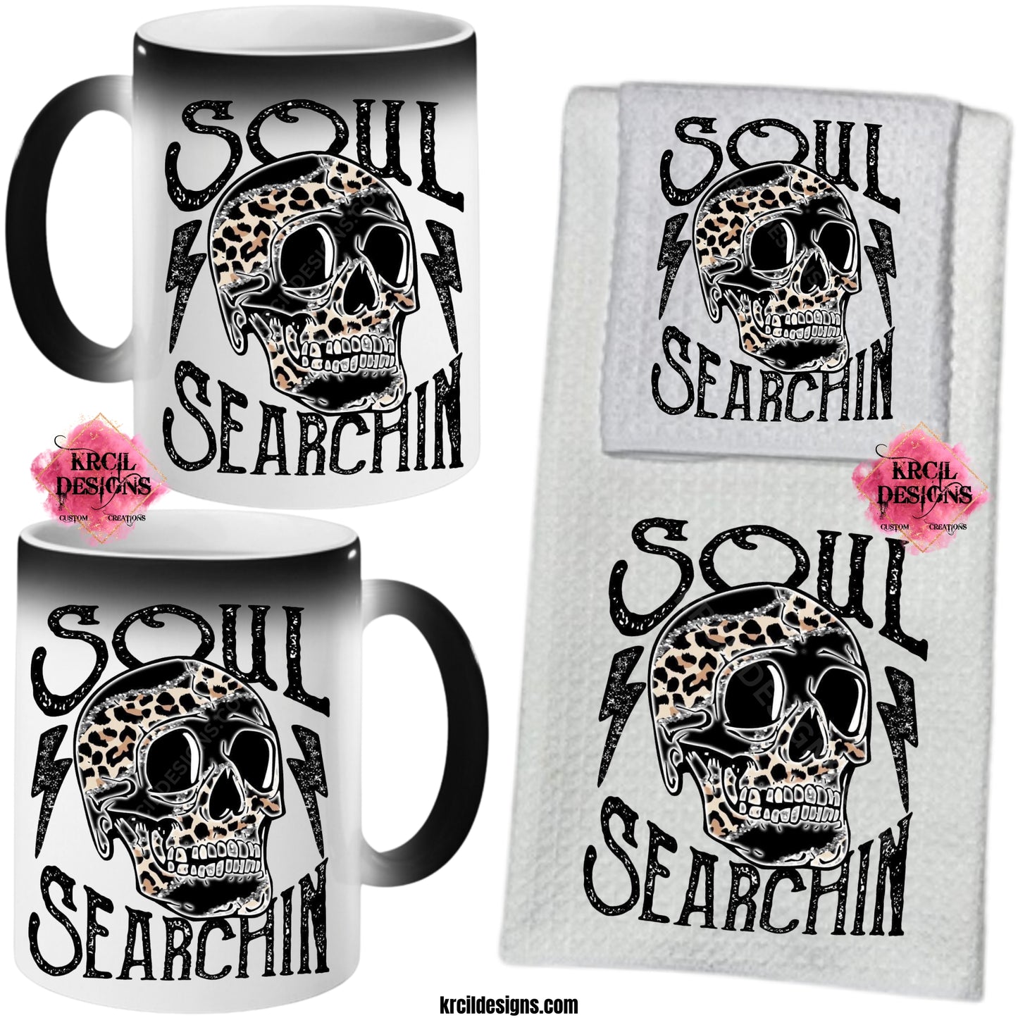 Skulls and Cheetah Print "Soul Searchin" Sets and Bundles by Krcil Designs | Spice up your kitchen with our waffle weave dish cloth and dish tea towel sets, perfectly paired with our custom personalized coffee cups and mugs. Personalize It - add name, monograms. For the ultimate coffee lovers gift, explore our sets and bundles. KrcilDesigns.com