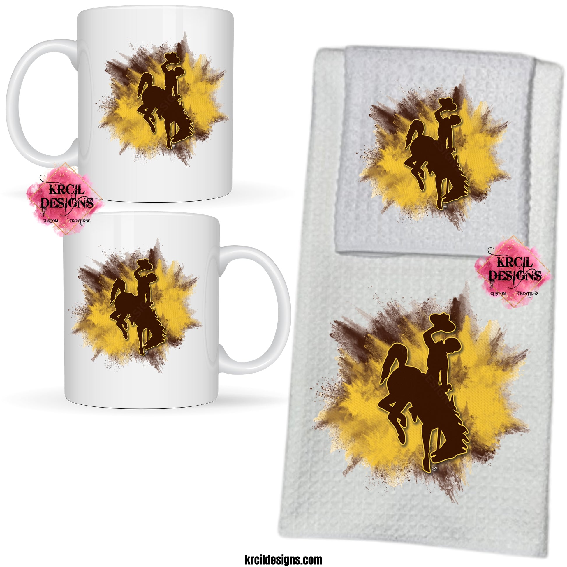 307 Wyoming Cowboys Personalized Dish Cloth and Tea Towel Set by Krcil Designs | Design Your Own Dish Cloths and Tea Towels with Krcil Designs! | Spice up your kitchen with our waffle weave dish cloth and dish towel sets, perfectly paired with our custom personalized coffee cups and mugs. Personalize It - add name, monograms. Brand your business with our business logo sets they make great business promotional products. Explore our sets and bundles options for gift ideas. KrcilDesigns.com