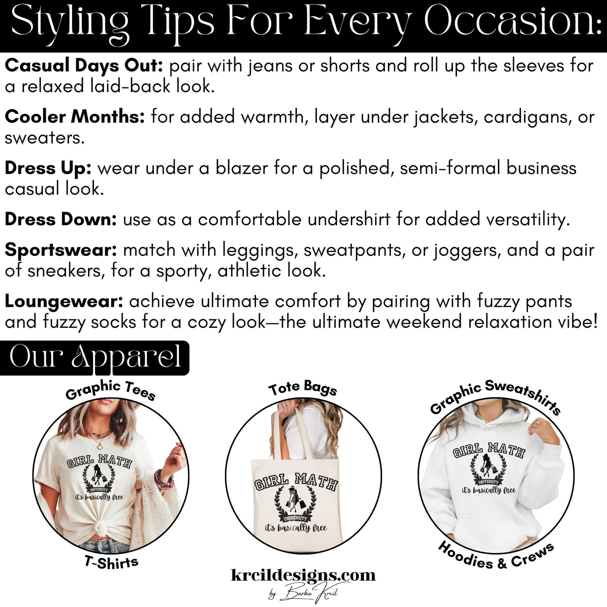 Boutique Clothing Styling Tips — How to Style Graphic Tees, Hoodies, and Tote Bags — Personalized Apparel Guide — Krcil Designs, Gillette, WY