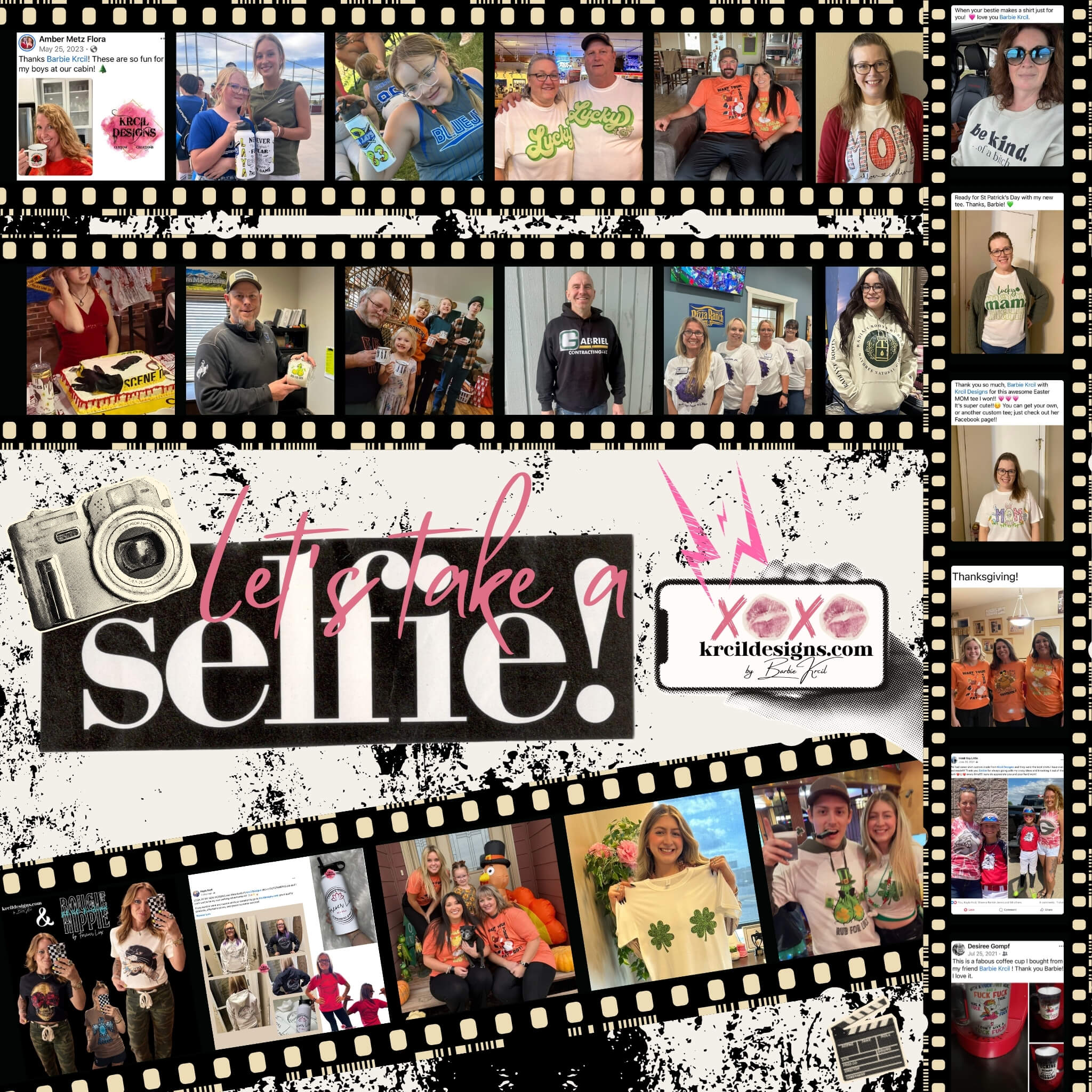 A collage of Krcil Designs besties sharing selfies and reviews of their custom apparel and personalized drinkware.